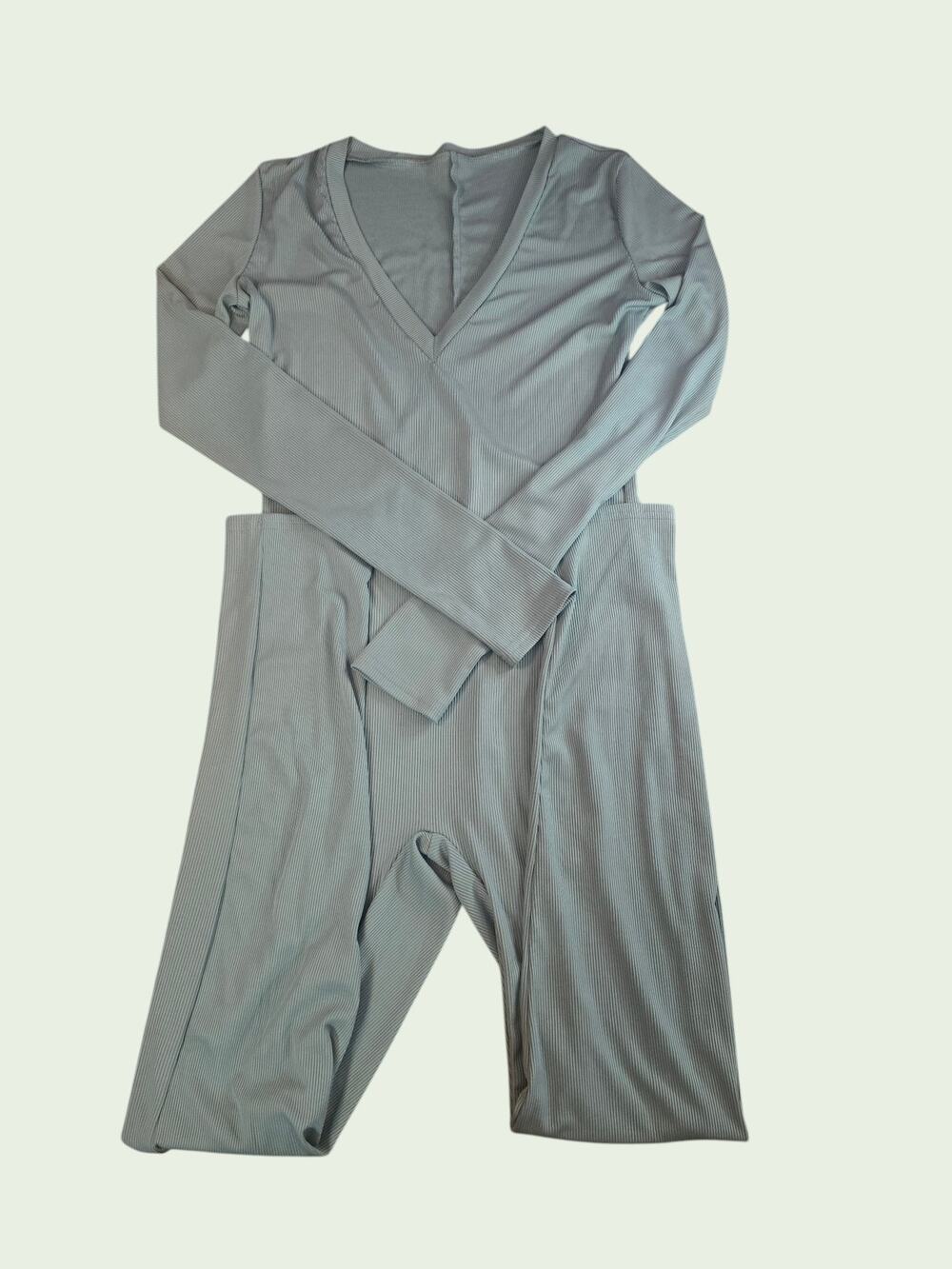 Mint Sage Green Ribbed Knit Long Sleeve Jumpsuit Bodycon Onesie L